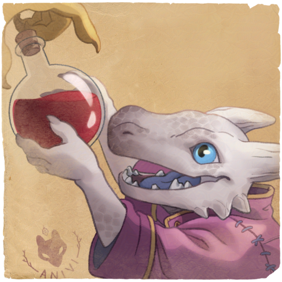 Character portrait illustration of a small whit kobold alchemist in a pink jacket holding a health potion