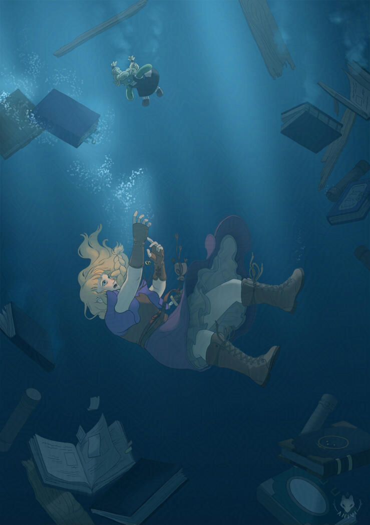 Drowning in Memories Fantasy illustration of a woman drowning surrounded by books
