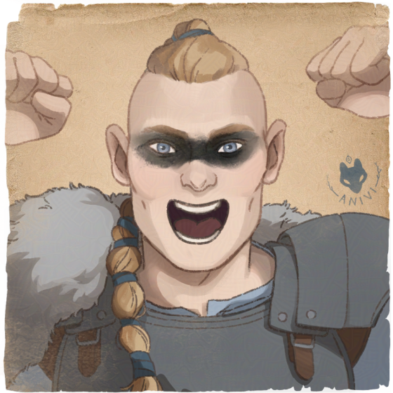 Character portrait illustration of a friendly viking barbarian pumping his fists in the air
