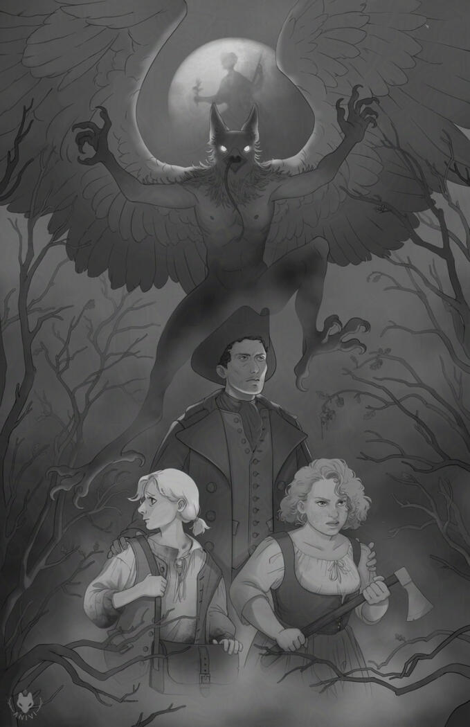 Black and white illustration of three people from colonial America in a dark forest with a large bird monster in the background under the full moon