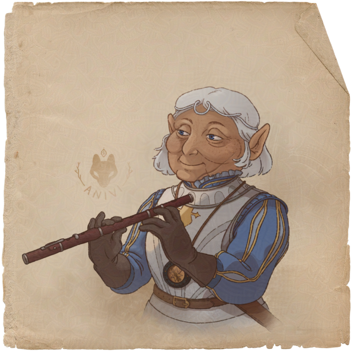 Beornia Character portrait illustration of an elderly gnome paladin playing a flute