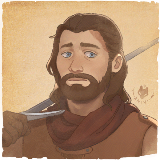 Character portrait illustration of a fantasy fighter with shoulder length brown hair and a scar on his face