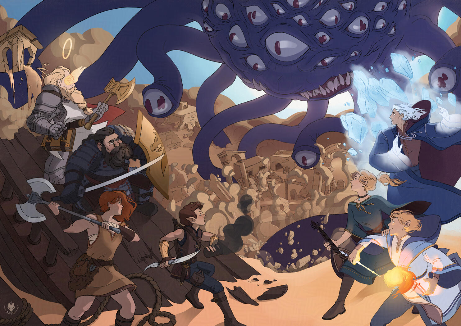 A fantasy illustration of a party of adventurers fighting a massive Beholder over the ruins of an ancient city.