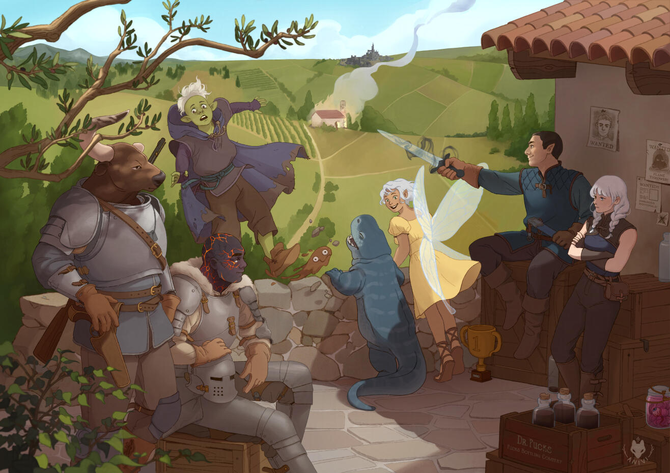 Fantasy illustration of a party of adventurers at rest in a Mediterranean-style vineyard