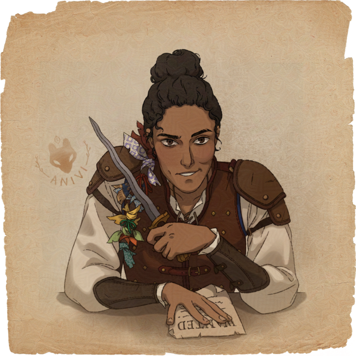 Character portrait illustration of a female rogue with dark curly hair and a kris dagger