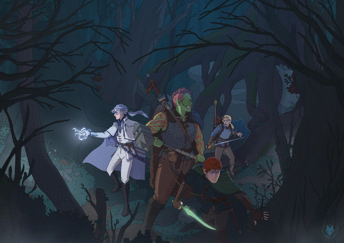 A forest ambush! Illustration of a party of adventurers in a dark forest ready for an ambush