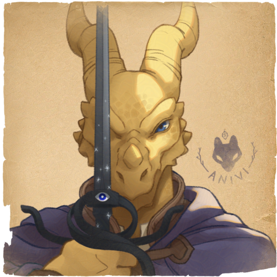 Character portrait illustration of a gold Dragonborn wielding a dark sword