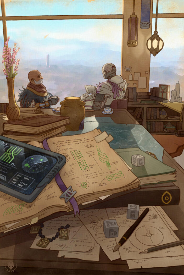 An illustration of the characters Saint-14 and Osiris sharing a cup of tea surrounded by research materials.